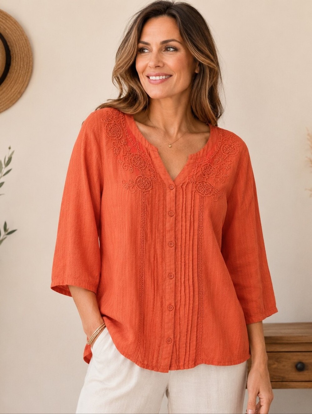 Laura Scott Orange Embroidered Pintuck Button-Front Blouse With Sequins. Sz XL